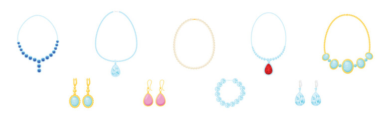 Wall Mural - Shiny Necklace and Earring as Jewelry Object with Gem Vector Set