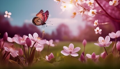 Wall Mural - art beautiful blurred spring background nature with blooming glade butterfly and blue sky on a sunny day
