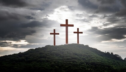 Wall Mural - three cross on the hill in dark cloudy with light from above can be use for easter or christian background copy space generative ai