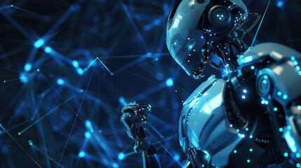 Wall Mural - ai humanoid robot, portrait of artificial intelligence as human on abstract blue background. theme o