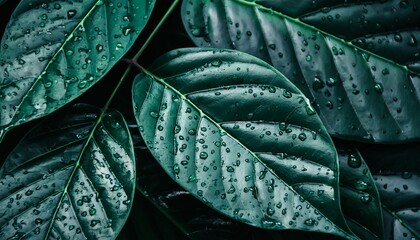 Wall Mural - water drops on dark foliage green leaf after rain background in rainy season