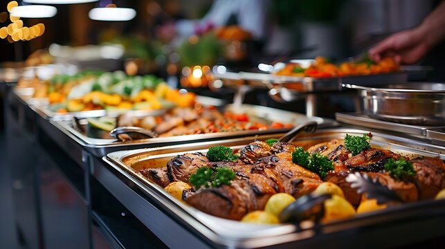 A mouthwatering buffet spread featuring a variety of delicious dishes highlighted by warm ambient lighting.