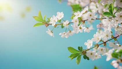 Wall Mural - spring background with blooming cherry tree branch over blue sky copy space