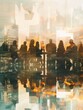 © Business Pics - Double exposure image of many business people conference group meeting on city office building in background showing partnership success of business deal. Concept of teamwork