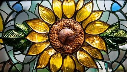 Wall Mural - vibrant stained glass art depiction of a sunflower capturing the iconic golden hues and intricate details in a mosaic pattern