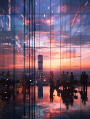 Wall Mural - Business Team Meeting in a Modern Office at Sunset. Blurred silhouette of a business team having a meeting in a modern office with city skyline