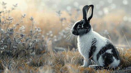 A rabbit with black and white fur sits in a field gazing at something ahead