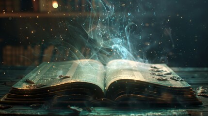 fantasy and literature concept. 3d style illustr, mystery open book with fantasy pages old magic boo