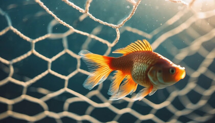 Close up of golden fish in a fishing net. 