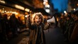 © AS Photo Family - An exuberant young boy with messy hair yells into a megaphone on a busy city street at dusk, expressing joy