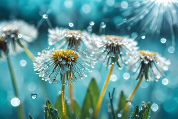 Wall Mural - Dandelion Seeds in droplets of water on blue and turquoise beautiful background with soft focus in nature macro. Drops of dew sparkle on dandelion in rays of light.