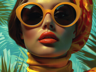 Retro style pastel colors summer background. Fashion woman wearing big sunglasses.