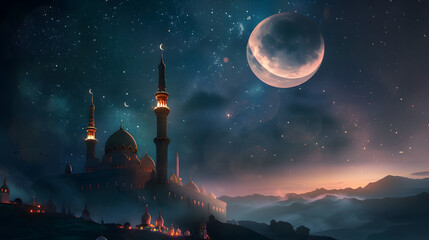 Beautiful scene of a crescent moon and stars over a mosque at sunset, symbolizing the holy month of Ramadan with a serene and spiritual atmosphere