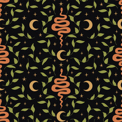 Seamless pattern with snakes, leaf branches and crescents. Bohemian floral vector background. Mystical dark pattern with foliage and serpents