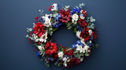 Wall Mural - A wreath adorned with red, white, and blue flowers, placed reverently against a solid background