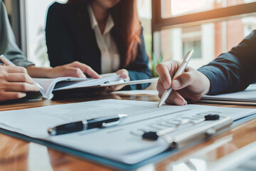 Business meeting with professionals discussing documents and writing notes at a desk in an office setting.