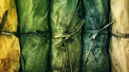 Colorful, tightly wrapped tamales in banana leaves showcasing traditional Latin American cuisine. Close-up view highlighting texture and color.