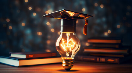 glowing light bulb adorned with a graduation cap, representing innovation and academic achievement
