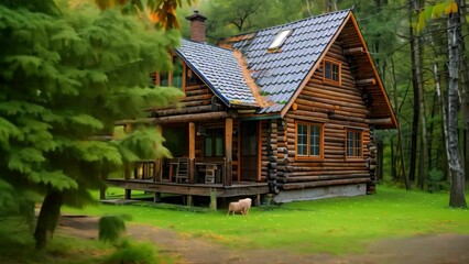 Wall Mural - A log cabin with a porch nestled in the woods, A rustic log cabin nestled in the woods