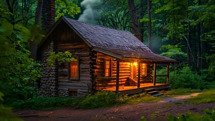 Poster - A log cabin glowing with light in a dark forest setting at nighttime, A rustic log cabin nestled in the woods