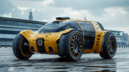 Wall Mural - A futuristic looking car with large wheels on a concrete surface, AI