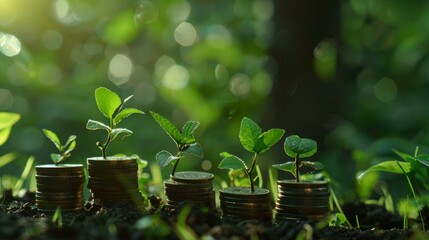 Young plants on coin stacks against a blurred green background