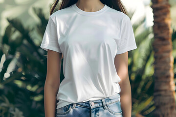 
A woman wearing a high-quality white t-shirt for a mockup design
