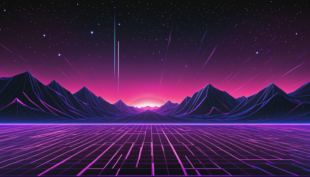 Night sky inspired retro futuristic neon grid textures in vibrant purple and blue hues, perfect for a trendy 90s disco party backdrop or futuristic web template