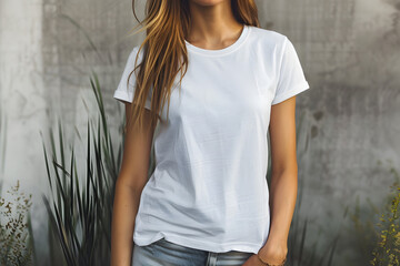 Wall Mural - 
A woman wearing a high-quality white t-shirt for a mockup design