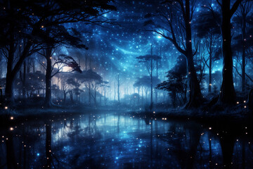 Wall Mural - night fairy forest with flying lights and glow reflected in the water, black silhouettes of trees against the starry sky