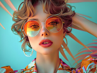 Retro style pastel colors summer background. Fashion woman wearing big sunglasses.