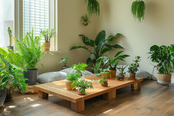 Wall Mural - modern living room, A low wooden table in one corner of the room holds a variety of houseplants, bringing a touch of greenery and life to the space