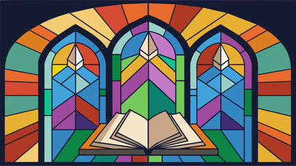 Wall Mural - The churchs stainedglass windows casting a kaleidoscope of colors across calligraphy practice sheets.. Vector illustration