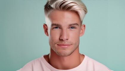 White blonde man with vibrant clear skin & blue eyes for a beauty campaign, face care, facial treatment, cosmetology, beauty and spa; portrait; high quality studio shot