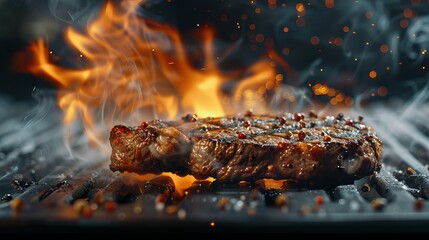 Wall Mural - Sizzling steak grills over a metallic surface, enveloped by flames. A culinary delight against a dark backdrop.