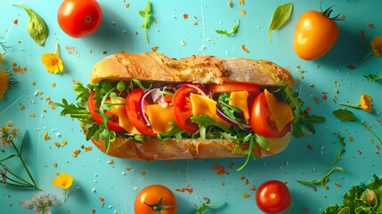 Savory sandwich filled with juicy tomatoes, melted cheese, and crisp veggies on a vibrant backdrop.