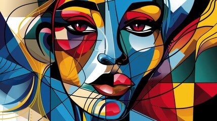 Wall Mural - Abstract image of female human face looking at camera in cubism style. Portrait artistic image of beautiful cute woman with red lip with colorful color. Digital artwork concept. Focus on face. AIG42.