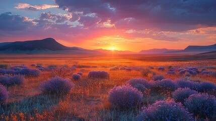 Wall Mural -   The sun is setting over a field of wildflowers amidst mountainous background