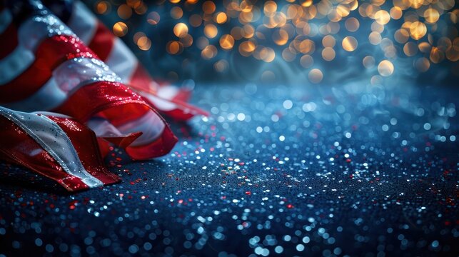 Festive background with glitter, U.S. flag, and bokeh lights, perfect for patriotic celebrations and holiday designs.