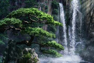 Waterfall with a green tree, nature background, waterfall, Japanese landscape painting Generative AI