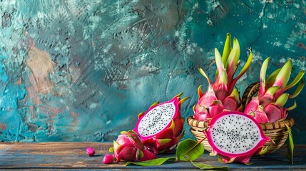 Wall Mural - A vibrant whole and sliced pitaya or dragon fruit are displayed on a rustic wooden background.


