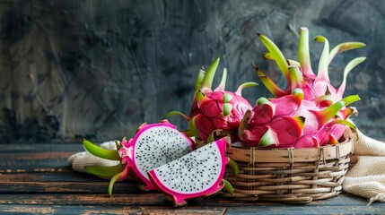 Wall Mural - A vibrant whole and sliced pitaya or dragon fruit are displayed on a rustic wooden background.


