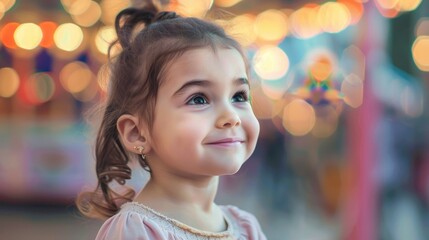 Sticker - A smiling little girl gazes up at the ferris wheel with wonder, her nose twitching with excitement. Cheeks flushed with joy, eyelashes fluttering. The carnival is a fun event full of entertainment