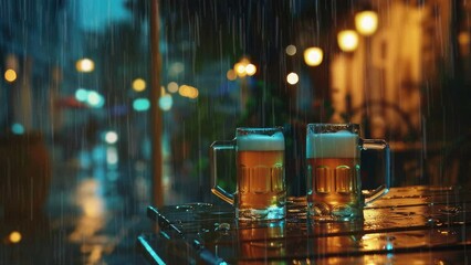 Wall Mural - two beer mugs on a table outdoors in the rain at restaurant in the evening
