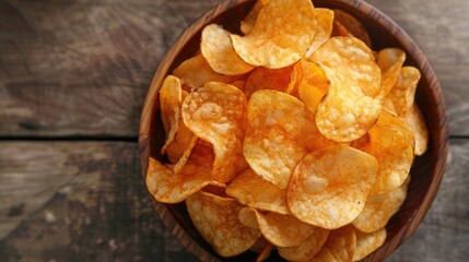 Sticker - Top view of a wooden bowl filled with crunchy potato chips Background of fast food and snacks