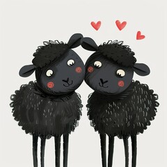 2 black Sheep with love Quirky Illustration , exaggerated texturing, vector white background