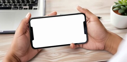 Wall Mural - A closeup of hands holding an Phone with a blank screen, showing the phone's side view on a wooden desk.