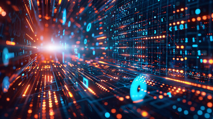 Abstract composition of binary code and digital symbols arranged in dynamic patterns, evoking the concept of AI training and the processing of vast amounts of data to optimize algorithm performance.