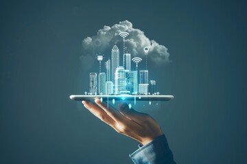 Wall Mural - Photo of Businessman holding tablet with smart city hologram and cloud technology icons on blue background