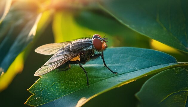 summer background with a fly sitting on a green leaf